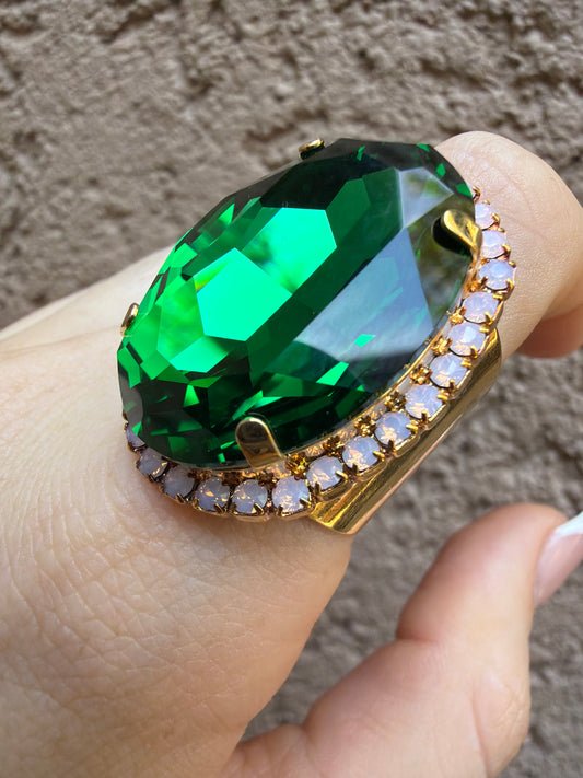 WETSTONE: Emerald w Pink Opal Trim Gold Liz Taylor Ring