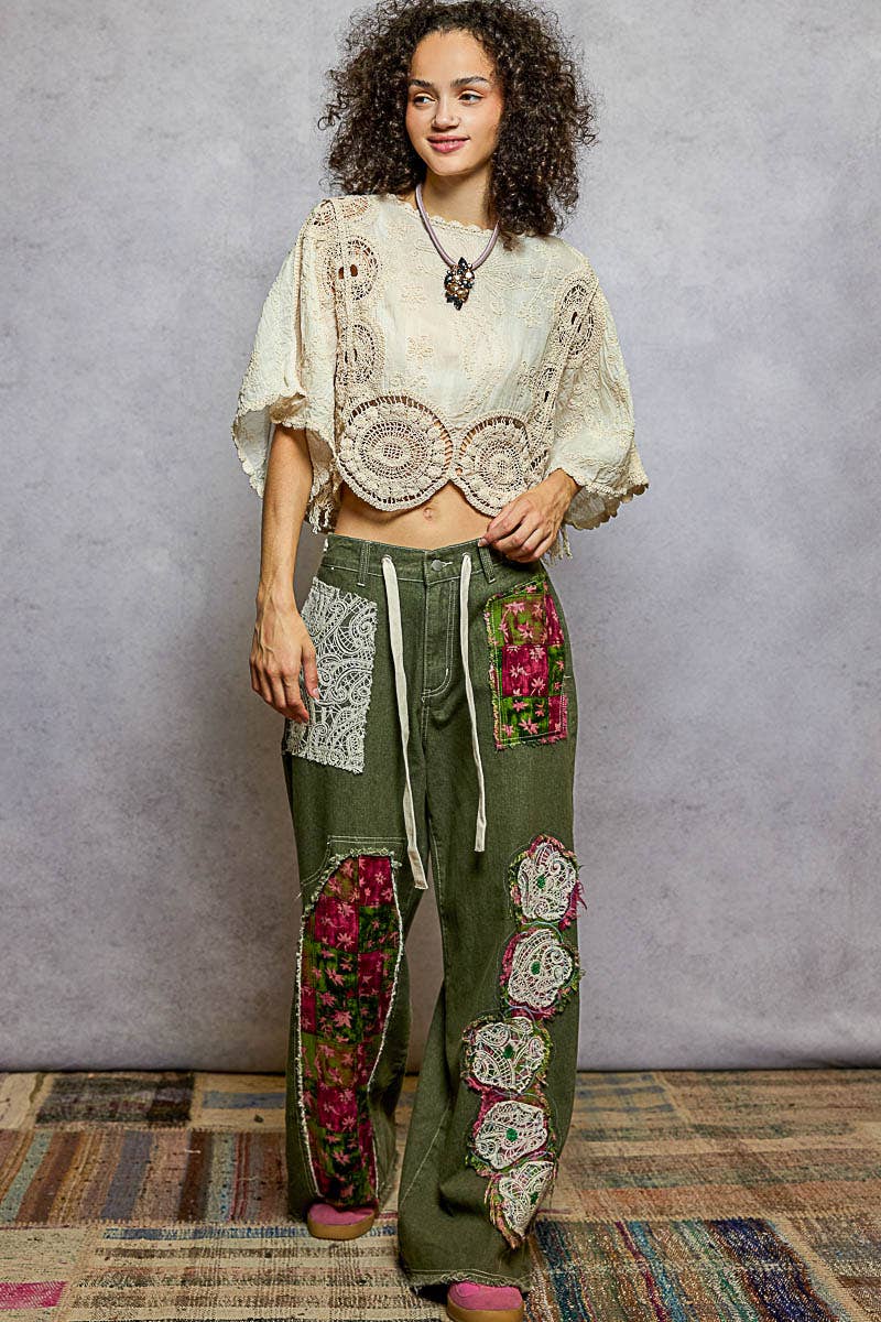 Scalloped knitted border Round Neck Crochet 3/4 Sleeve Top