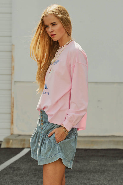 Light Wash Button Fly Gathered Denim Shorts