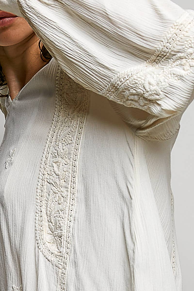 V-neck Long Sleeve Floral Embroidered Cotton Woven Top