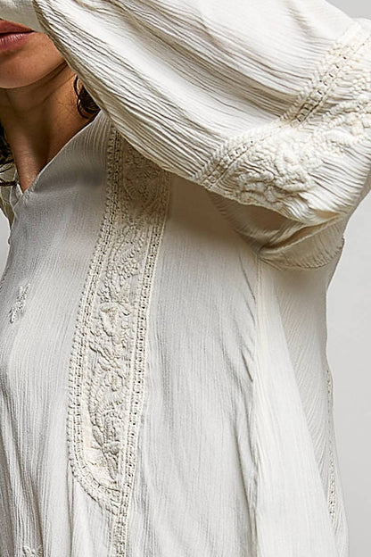 V-neck Long Sleeve Floral Embroidered Cotton Woven Top