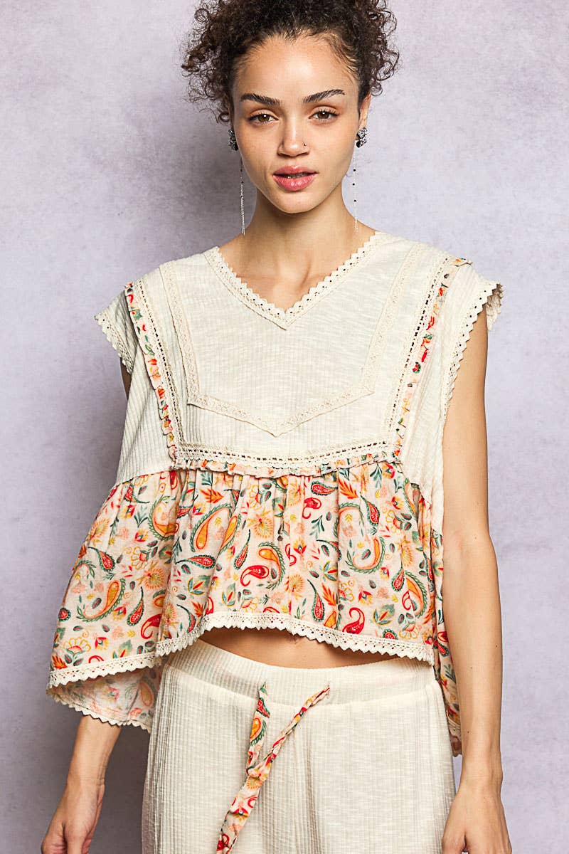 V-neck Floral Ruffle Sleeveless Top