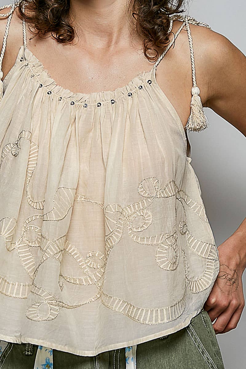 Embroidered Shirred Spangle Tassel Tie Sleeveless Top