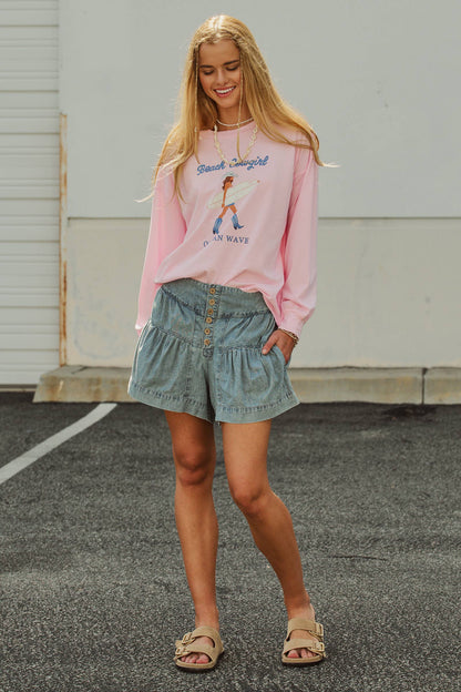 Light Wash Button Fly Gathered Denim Shorts