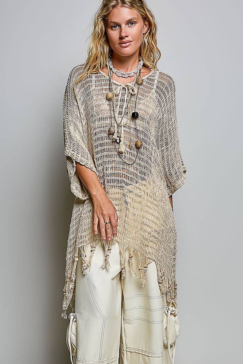 Boho Crochet Open Knit Tassel Fringe Poncho Top