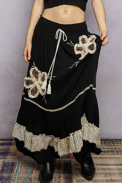 Smocked Waist Ruffle Embroidered Fringe Long Skirt