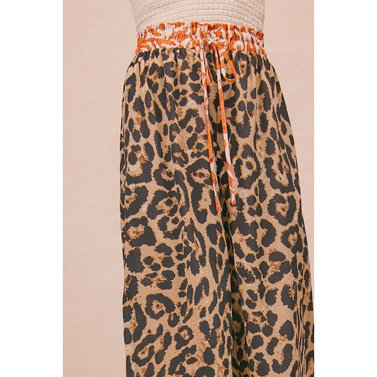 LEOPARD PRINT WITH CONTRAST BANDED WIDE PANTS
