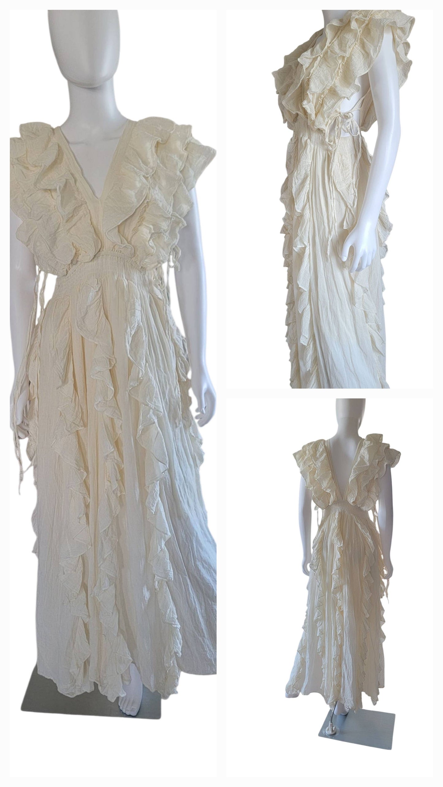 Cotton Long Ruffled Dress With Side Tie Strings Ivory