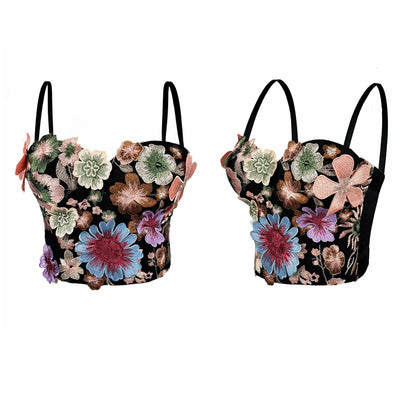 Retro Floral Embroidered Tube Top Camisole with Bra