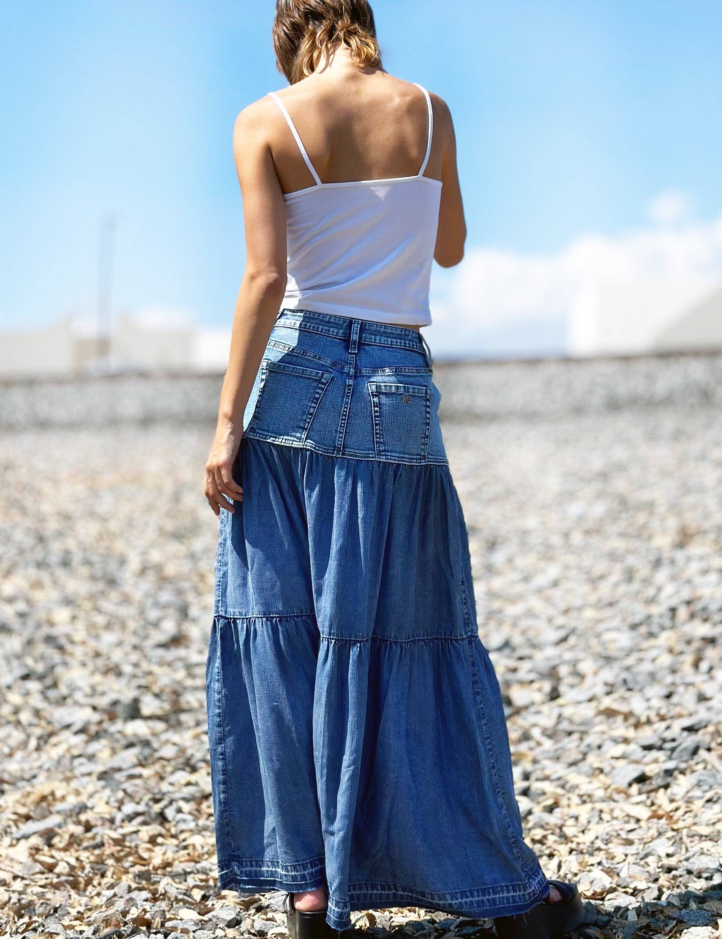 Tiered Denim Maxi Skirt