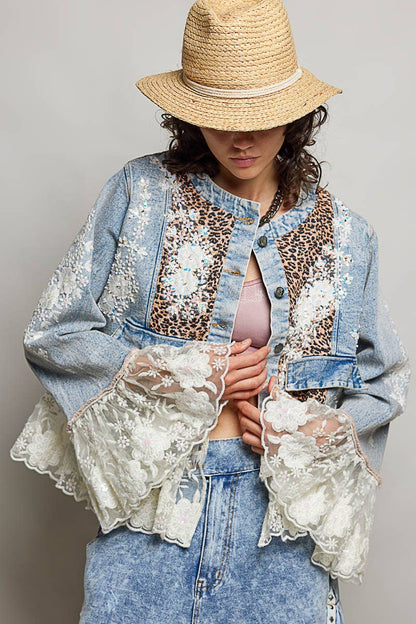 Boho Lace Trim Patchwork Denim Jacket