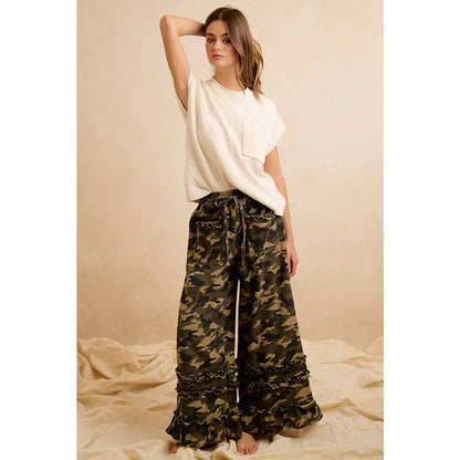 CAMOUFLAGE PRINTED TWILL RUFFLED DETAIL WIDE PANTS