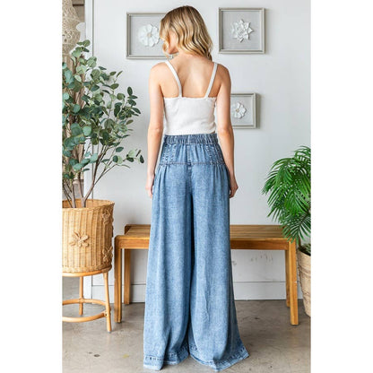 WASHED PINKTUCK WIDE LEG DENIM PANTS