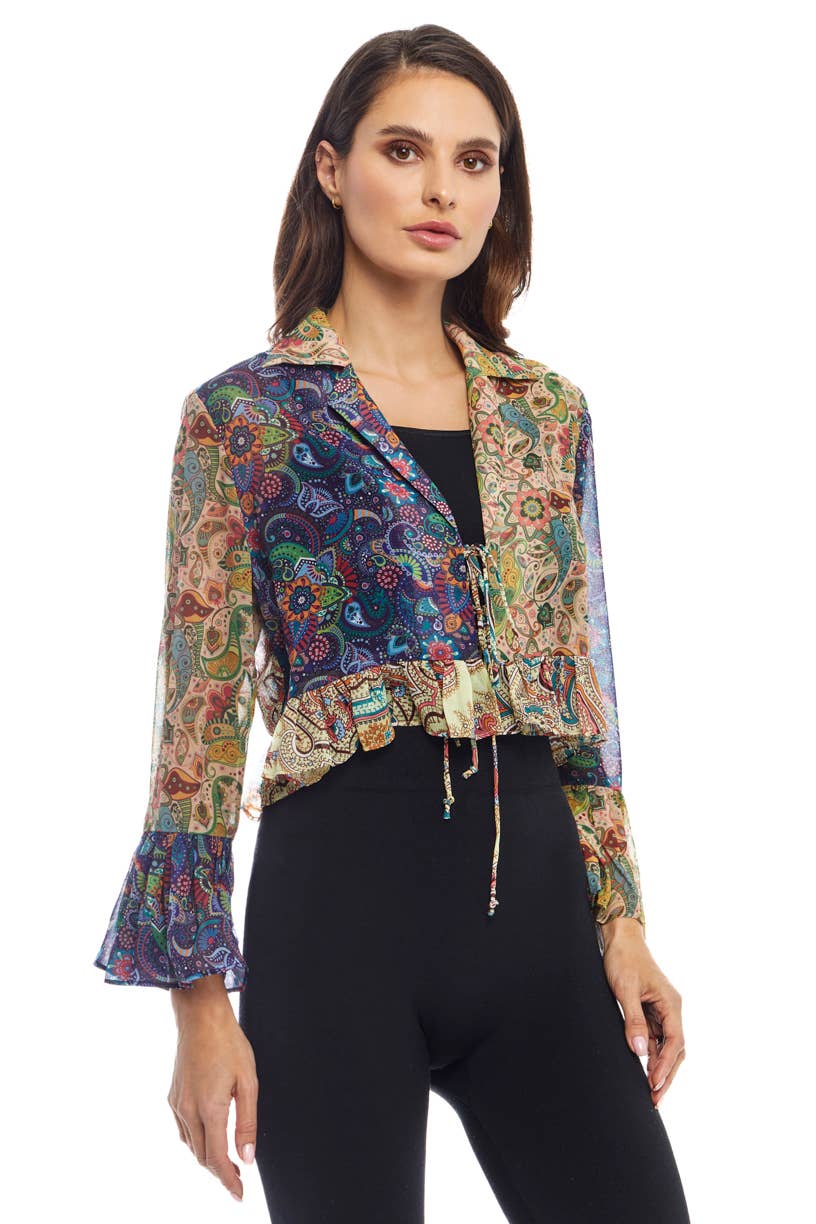 MULTI COLOR PRINTED MESH TOP WITH TIE FRONT