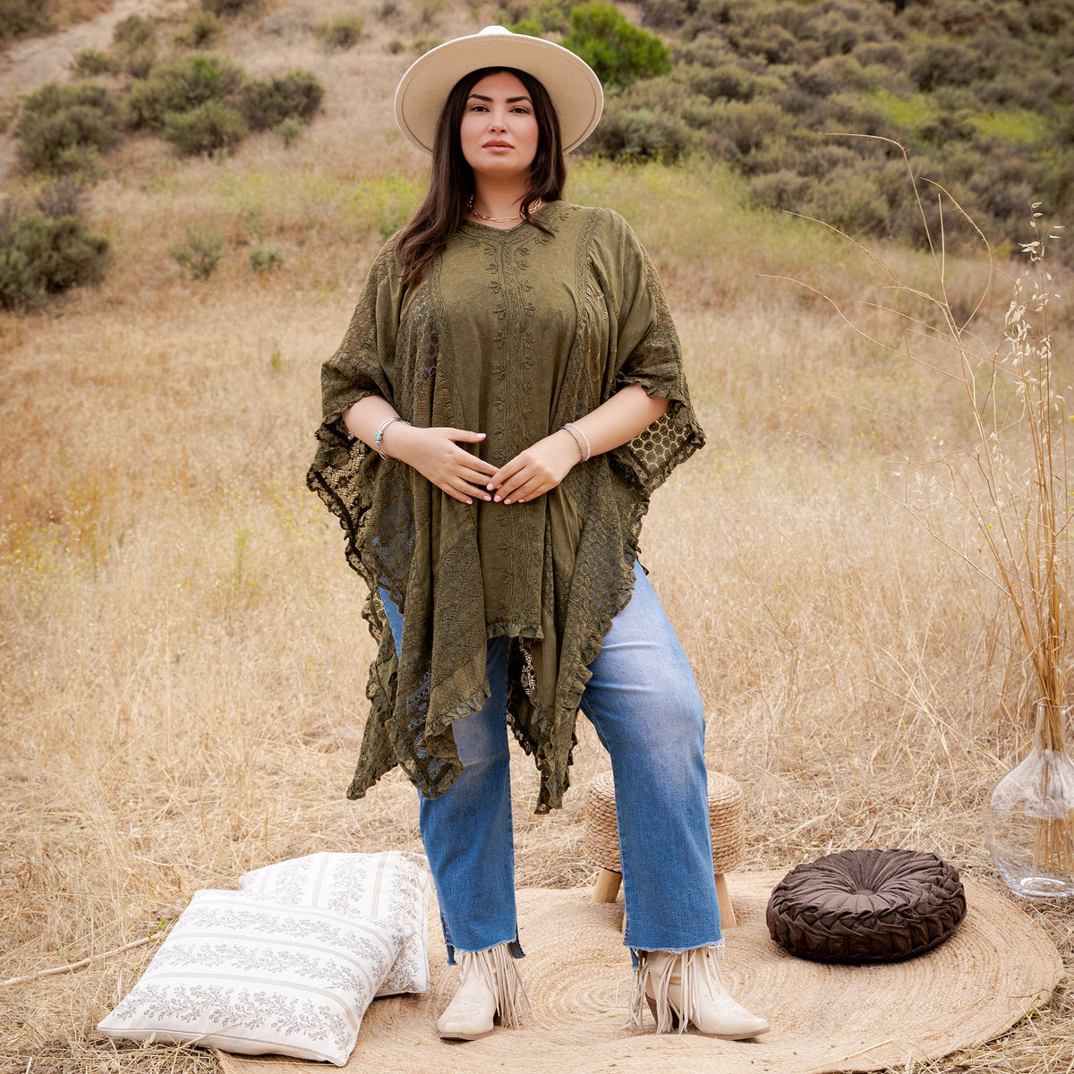 Boho Lace Embroidered V-Neck Asymmetrical Kaftan Top