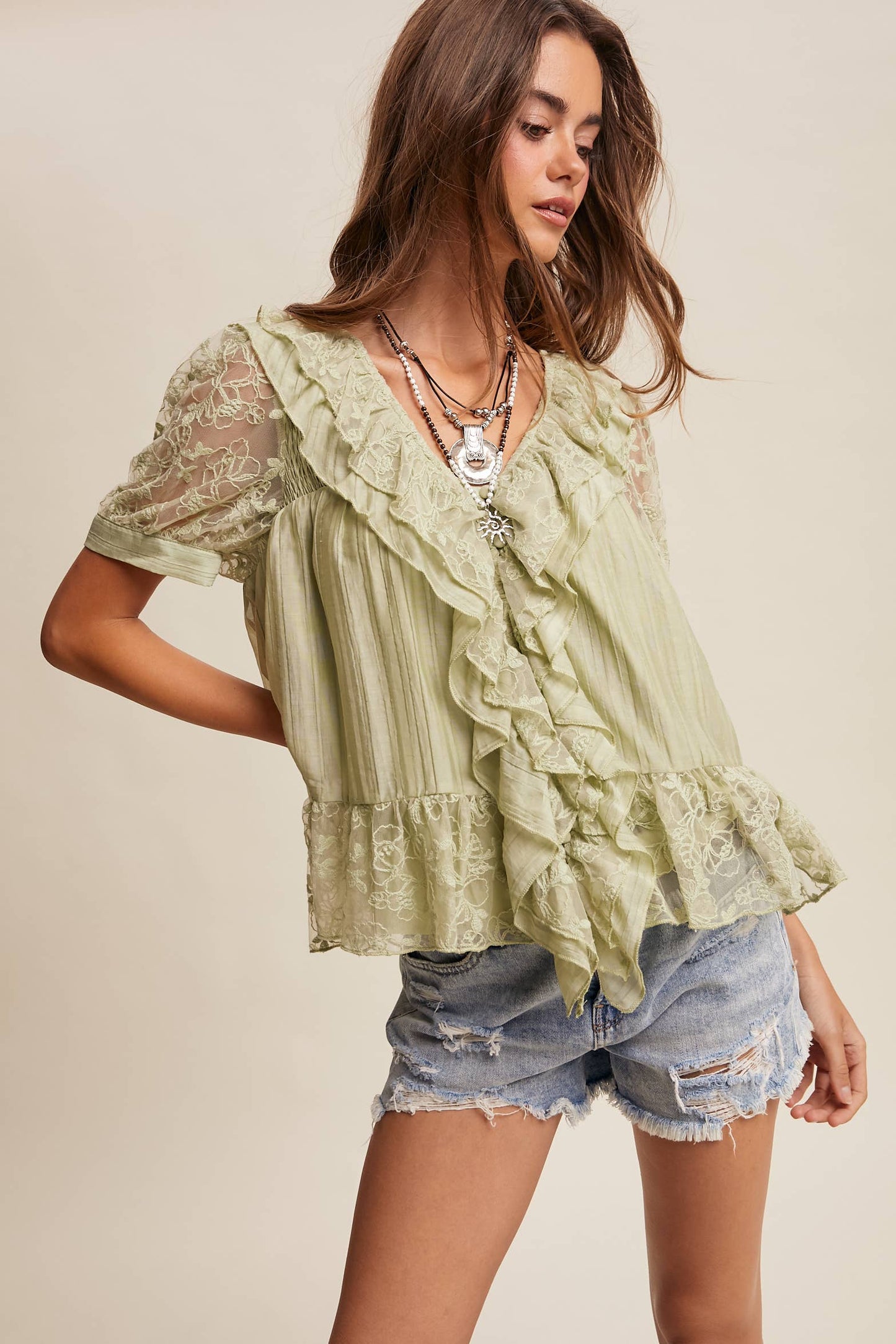 Lace Trim Ruffle Peplum Blouse