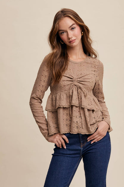 Stretch Lace Tiered Blouse with Drawstring Detail