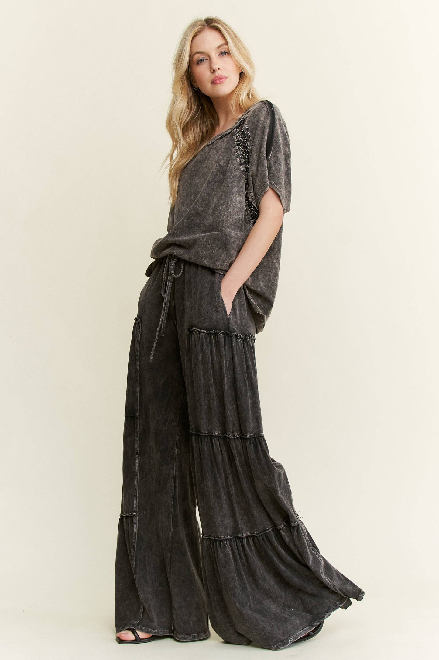 Mineral Washed Tiered Wide Leg Pants