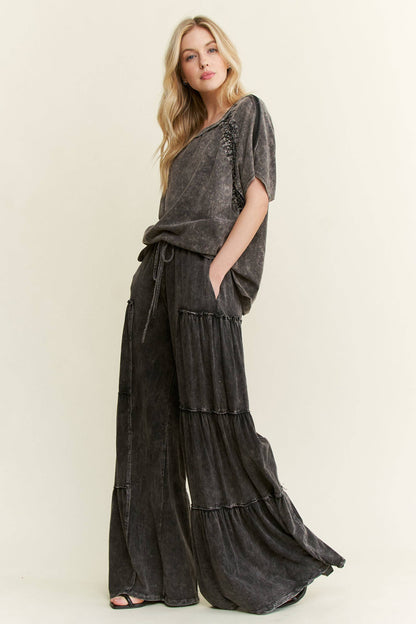 Mineral Washed Tiered Wide Leg Pants