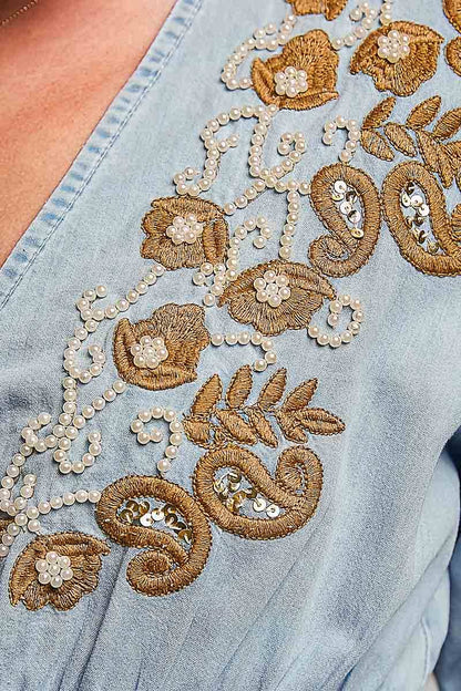 3/4 Sleeve Embroidered Bead Neck Loop Tassel Cotton Top