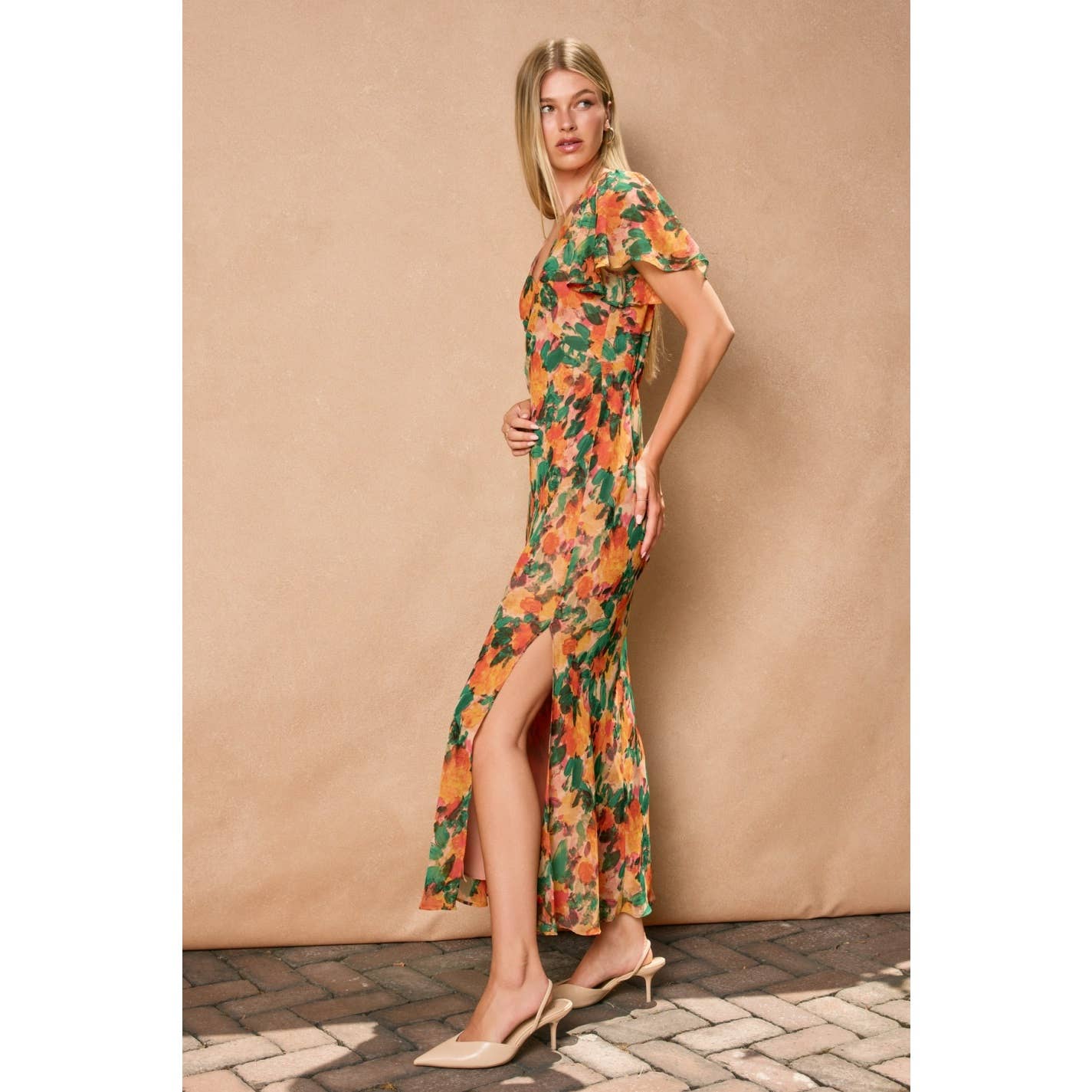 Tropical Spice Flutter Sleeve Maxi Dress