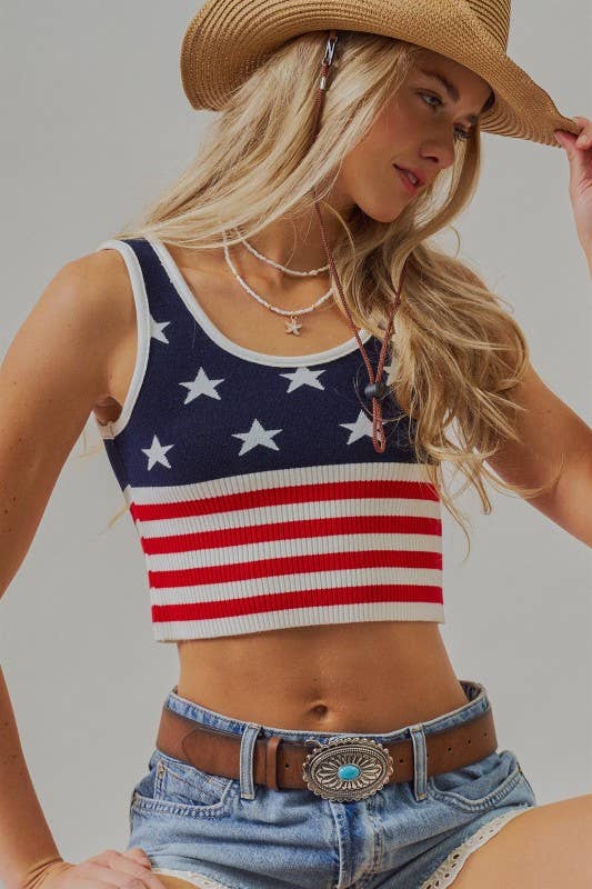 American Flag Knit Ribbed Crop Tank Top
