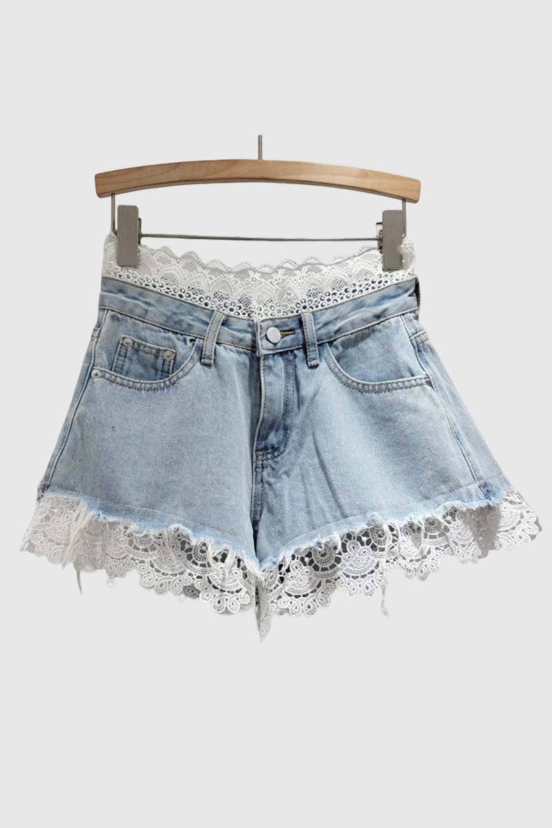 Lace-Accent Denim Shorts