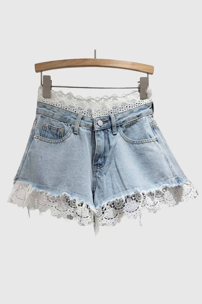 Lace-Accent Denim Shorts