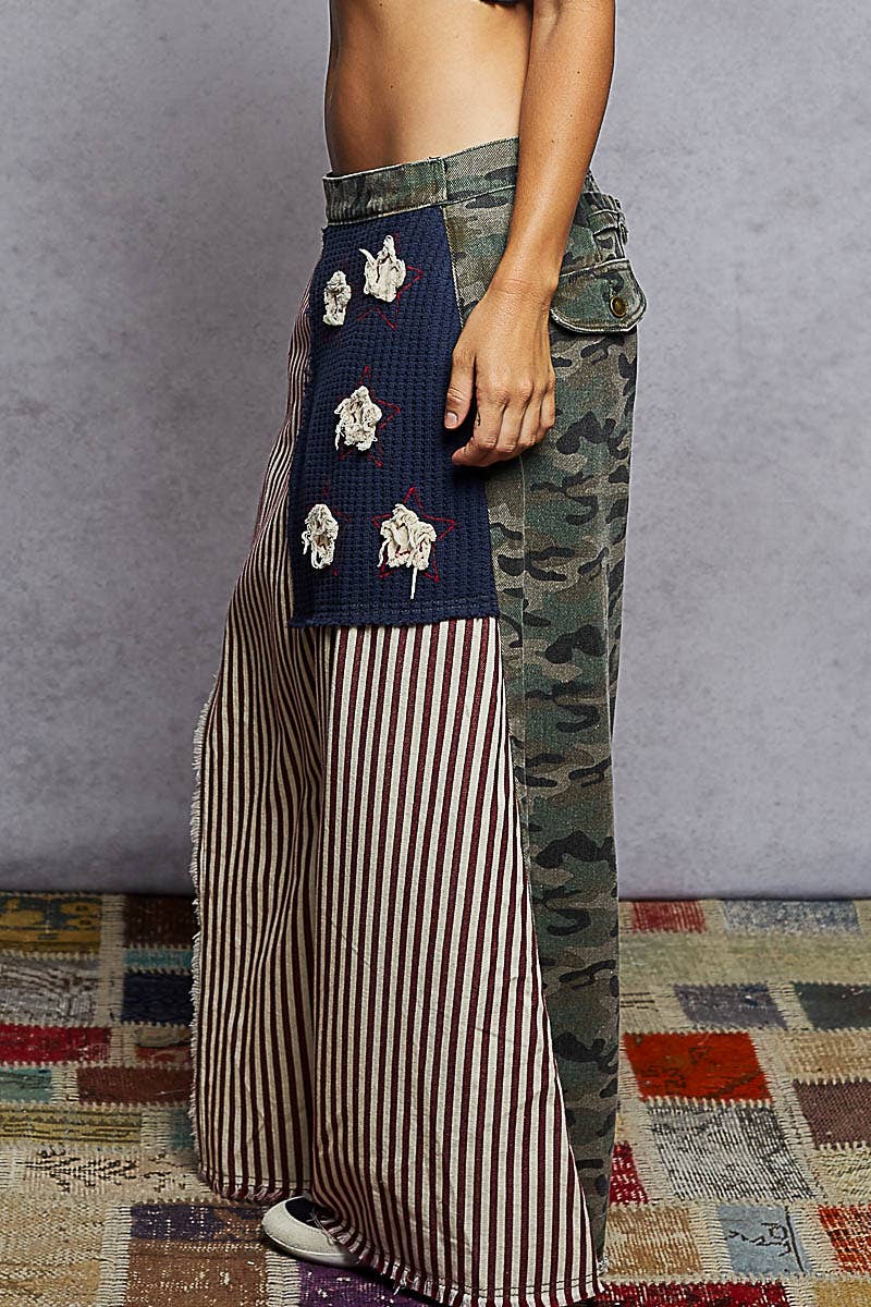 American flag wrapping raw edge camo/solid woven wide pants