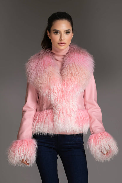 Pink Ombre Leather Jacket with Mongolian Wool Collar
