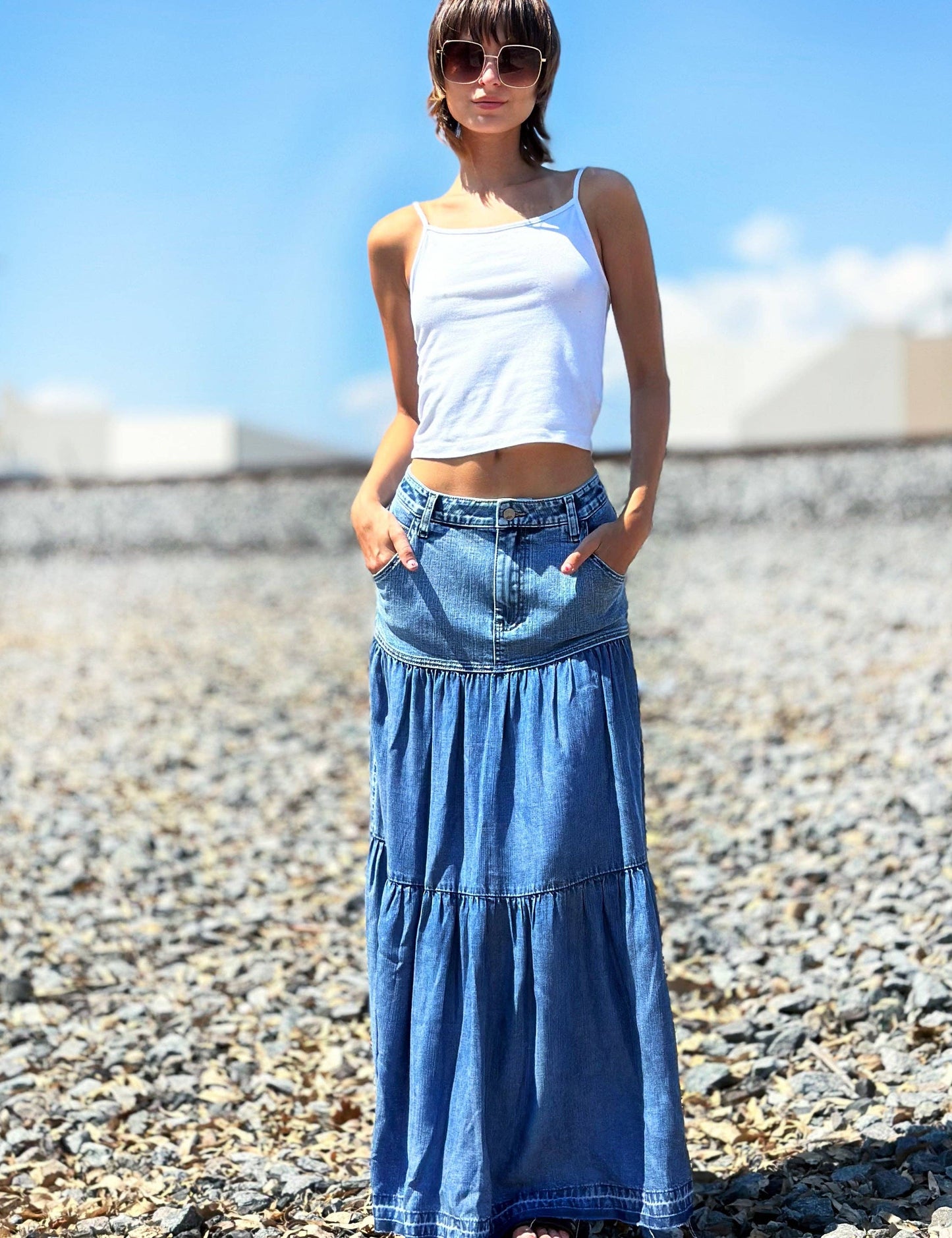 Tiered Denim Maxi Skirt