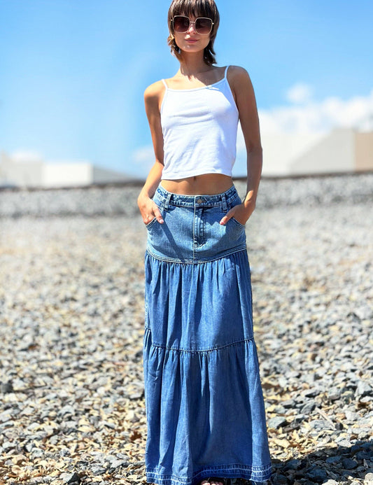 Tiered Denim Maxi Skirt