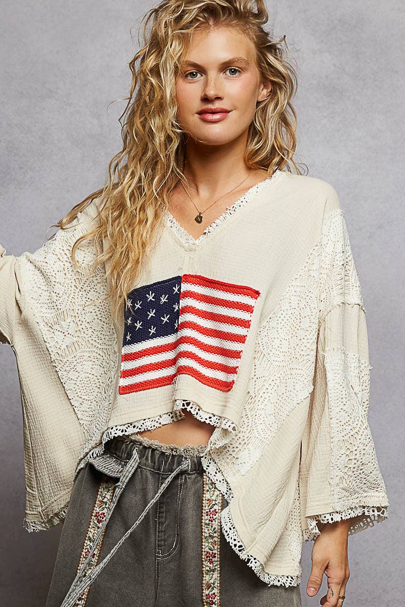 3/4 sleeve double gauze American flag sweater woven top
