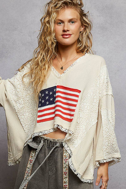 3/4 sleeve double gauze American flag sweater woven top