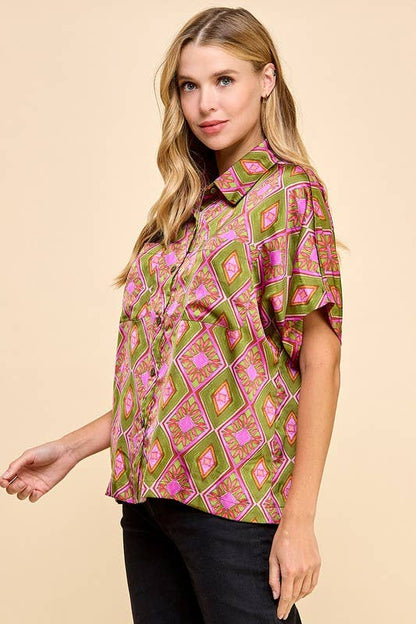 Green and Fuchsia Abstract Printed Button Down Top