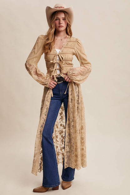 Lace-Up Embroidered Maxi Kimono