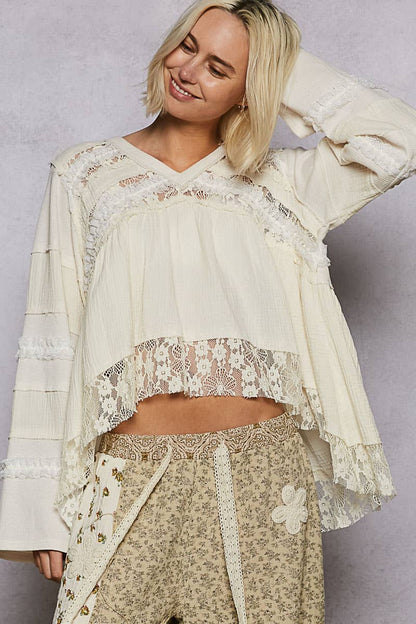 V-neck double gauze lace detail A-line woven top