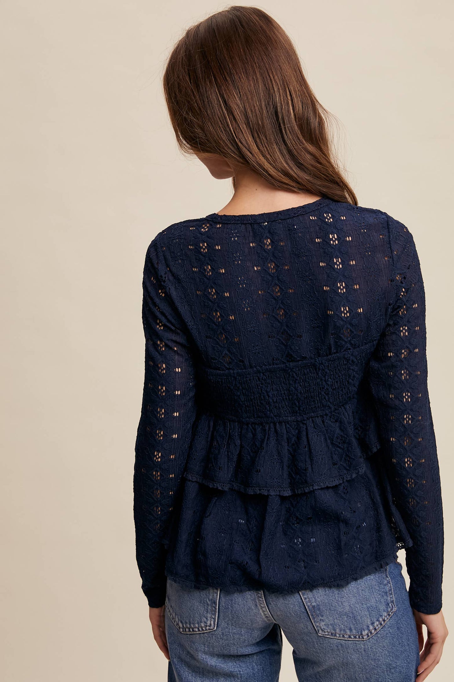 Stretch Lace Tiered Blouse with Drawstring Detail