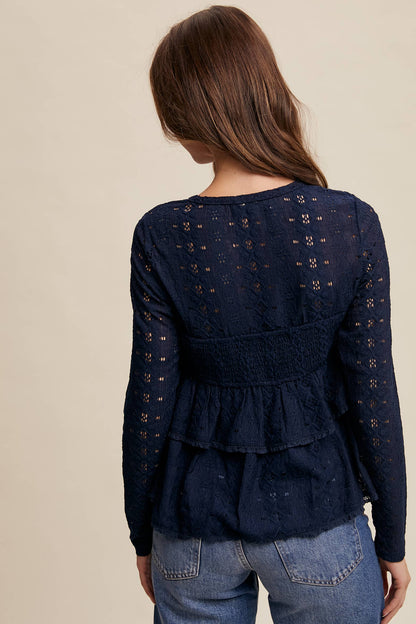 Stretch Lace Tiered Blouse with Drawstring Detail