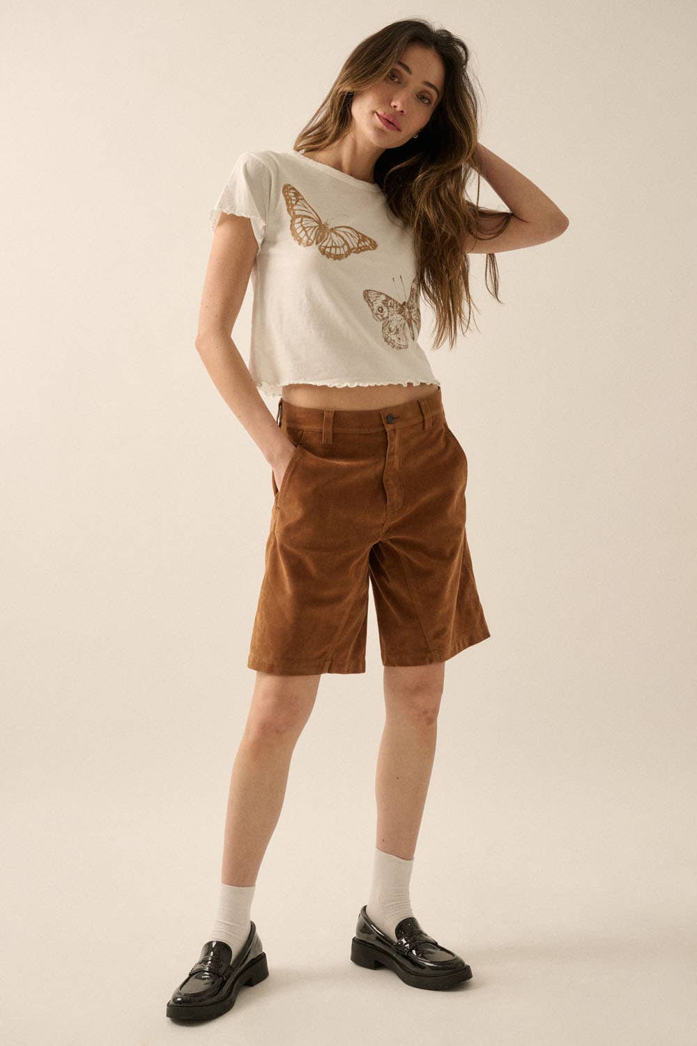 Butterflies Cropped Lettuce-Edge Graphic Baby Tee