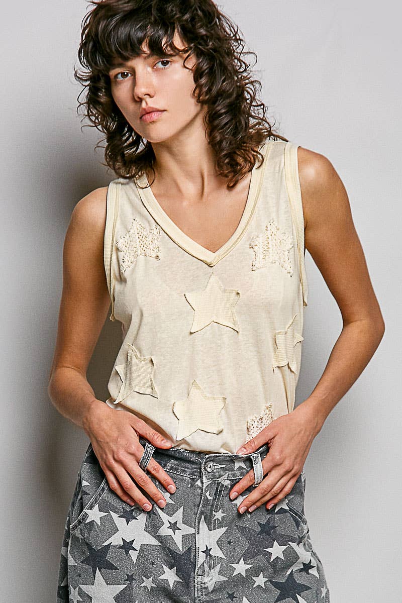 V-neck Sleeveless Front Star Patches Solid Basic Top