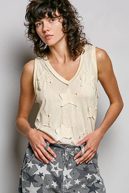 V-neck Sleeveless Front Star Patches Solid Basic Top
