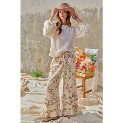 WASHED FLOWER PRINTED TWILL RUFFLED DETAIL WIDE PANTS