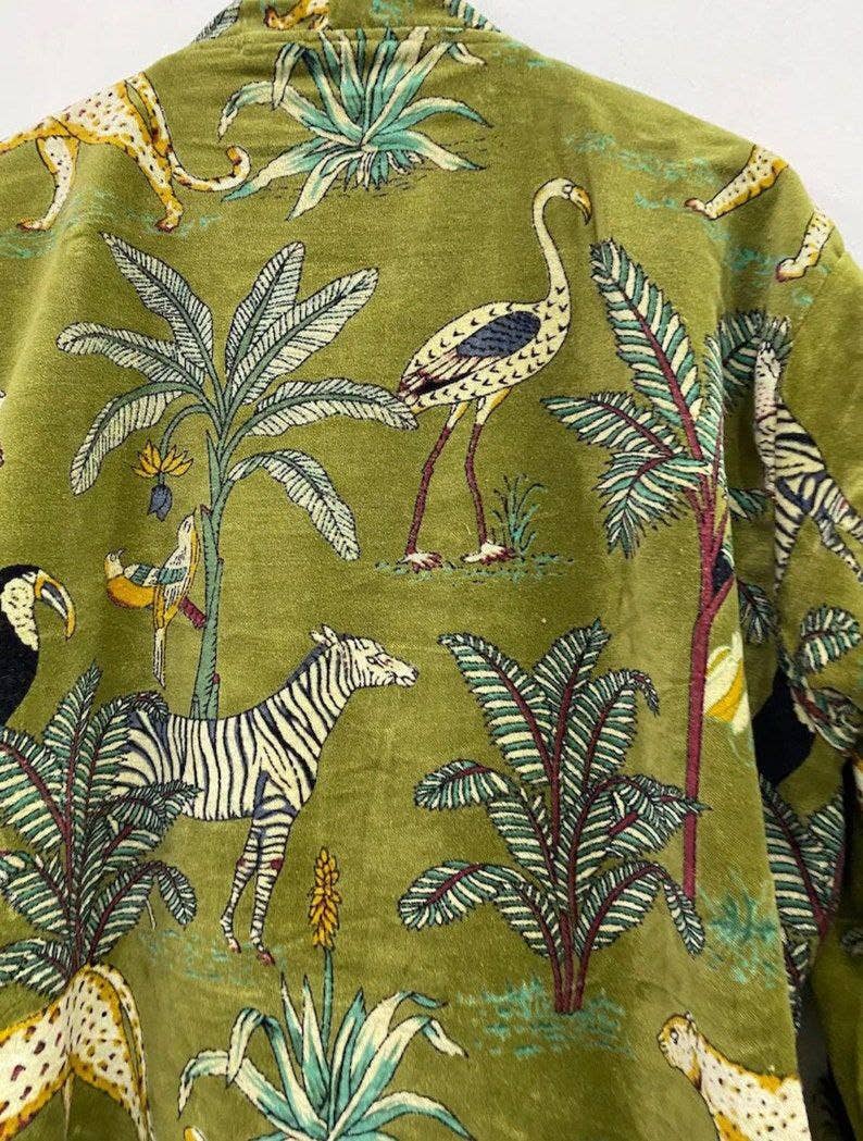 Green Jungle Velvet Kimono Robe  Coat