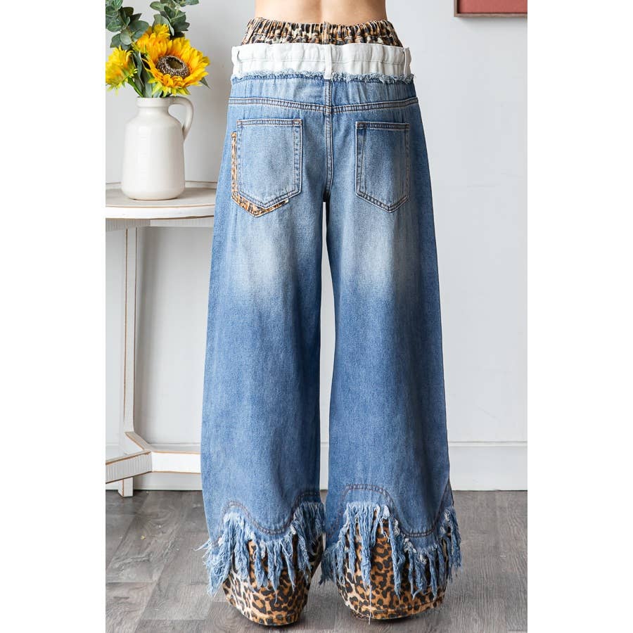 WASHED LEOPARD DOUBLE WAIST WITH FRAYED HEM JEANS