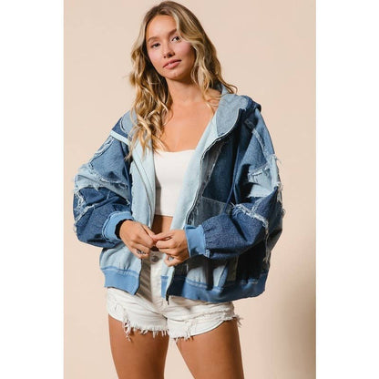 COLOR BLOCK WASHED DENIM ZIP UP HOODIE