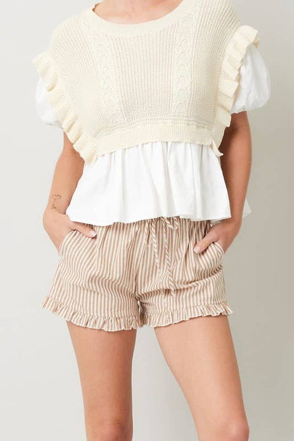 Striped Cotton Ruffle Shorts