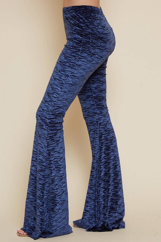 NAVY VELVET BURN OUT PRINT BELL BOTTOM
