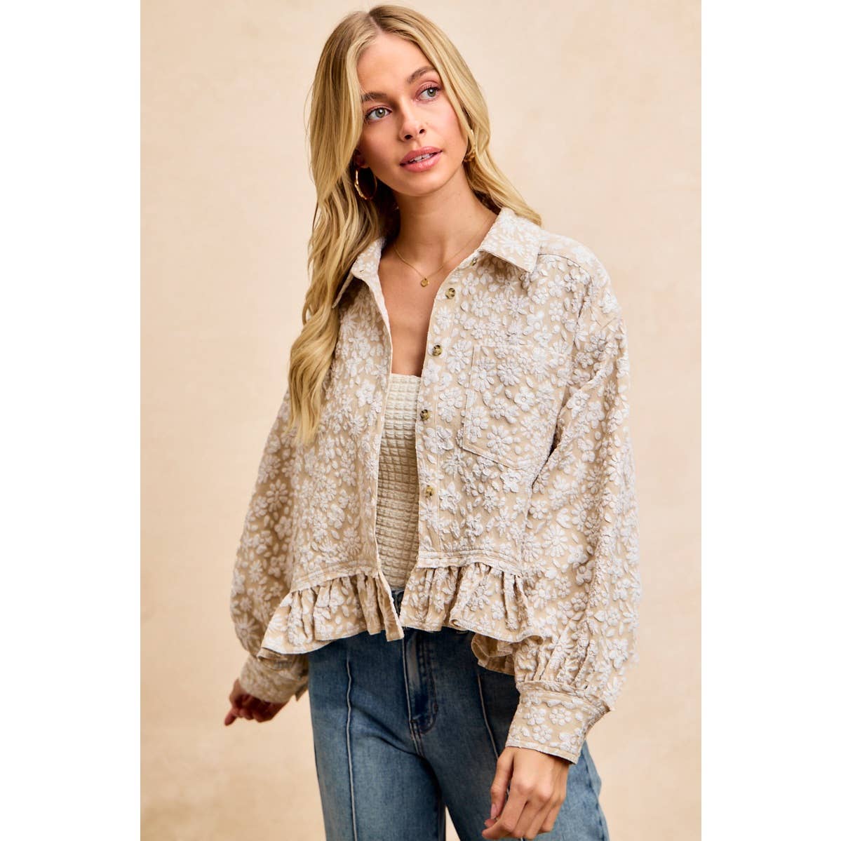 TEXTURED FLORAL PATTERN RUFFLED HEM SHIRT TOP