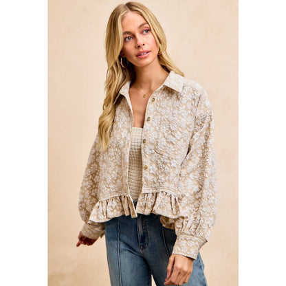 TEXTURED FLORAL PATTERN RUFFLED HEM SHIRT TOP